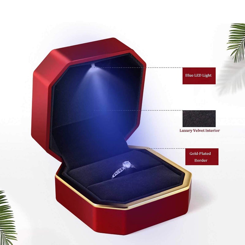 AVESON Luxury Ring Box, Square Velvet Wedding Ring Case Jewelry Gift Box with LED Light for Proposal Engagement Wedding, Red - Image 3